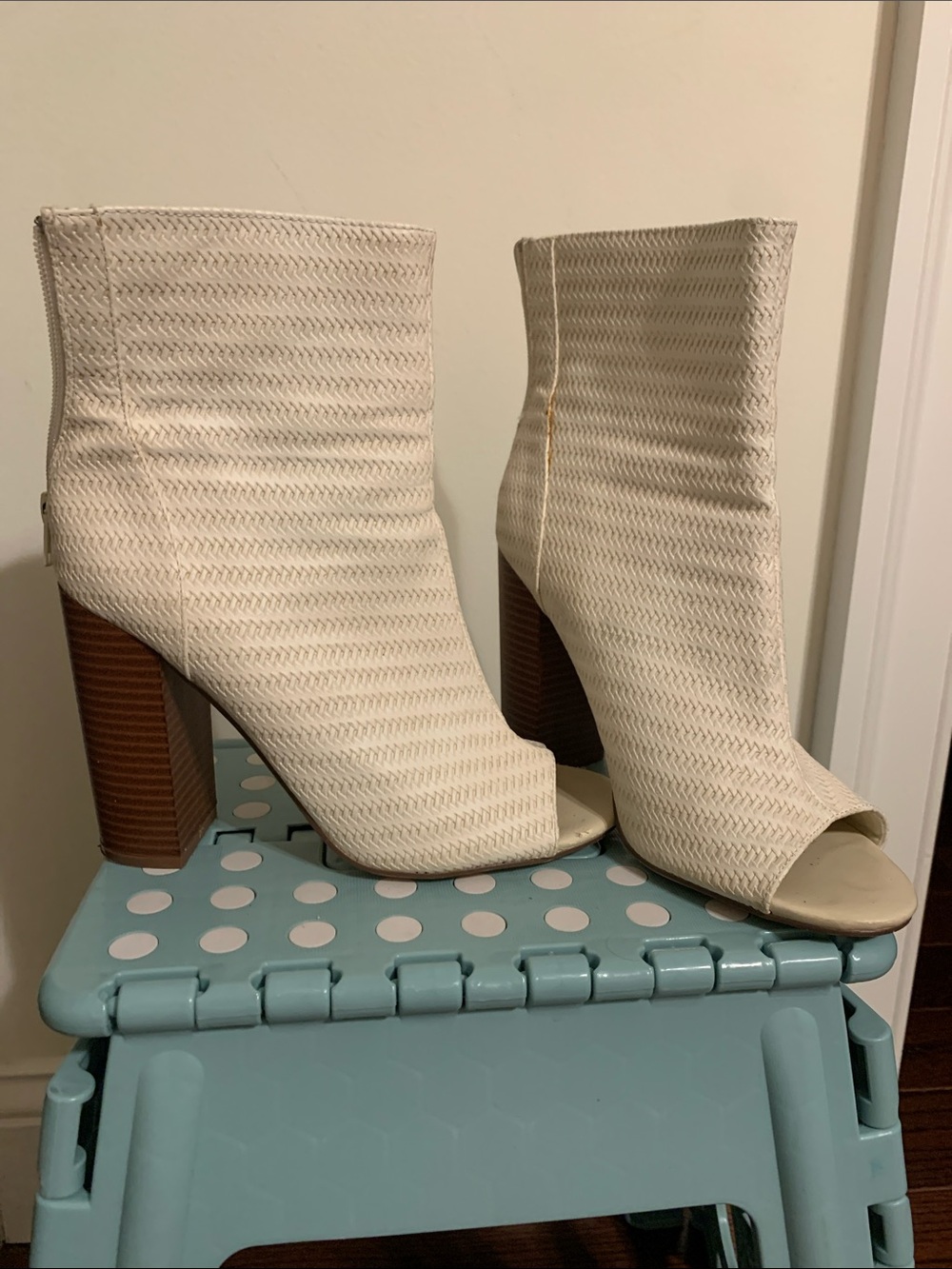 Forever 21 Cream Open-Toe Stacked Block Heel Ankle Boots